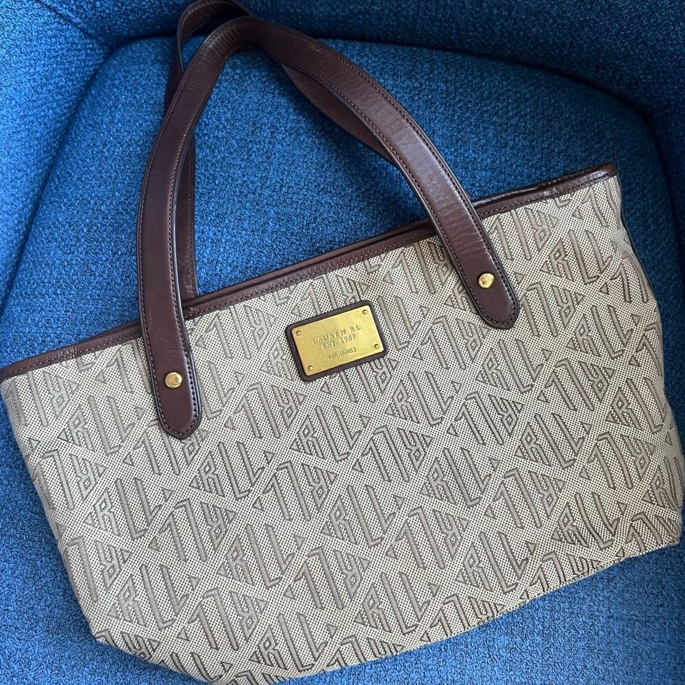 Ralph Lauren Vintage Signature Khaki Brown Medium Satchel Tote Handbag